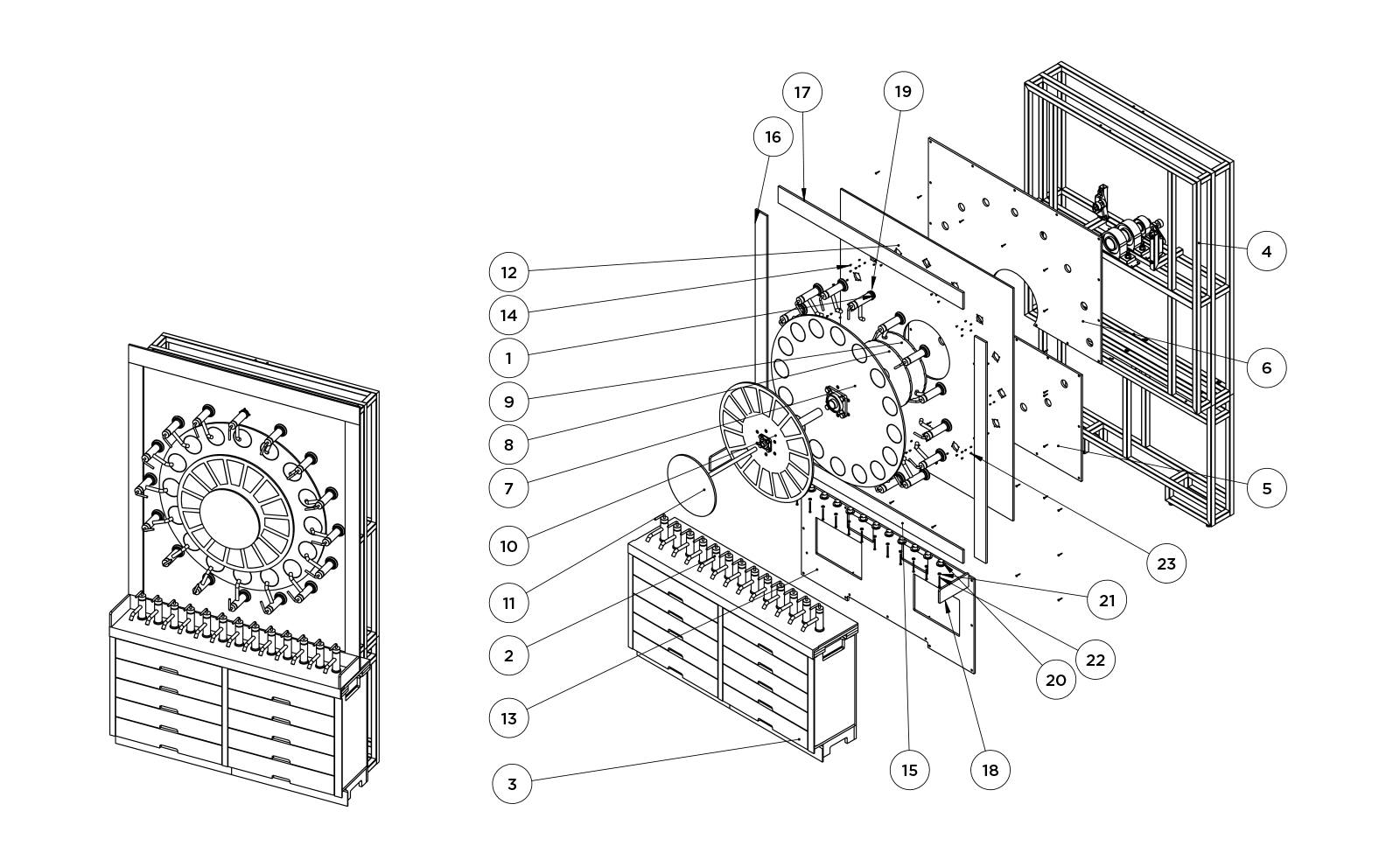 A diagram of the Kohler display that The Bernard Group engineered with an innovative mechanism that perfectly aligns each unique finish by easily clicking into place while also securely supporting the weight of the full system.