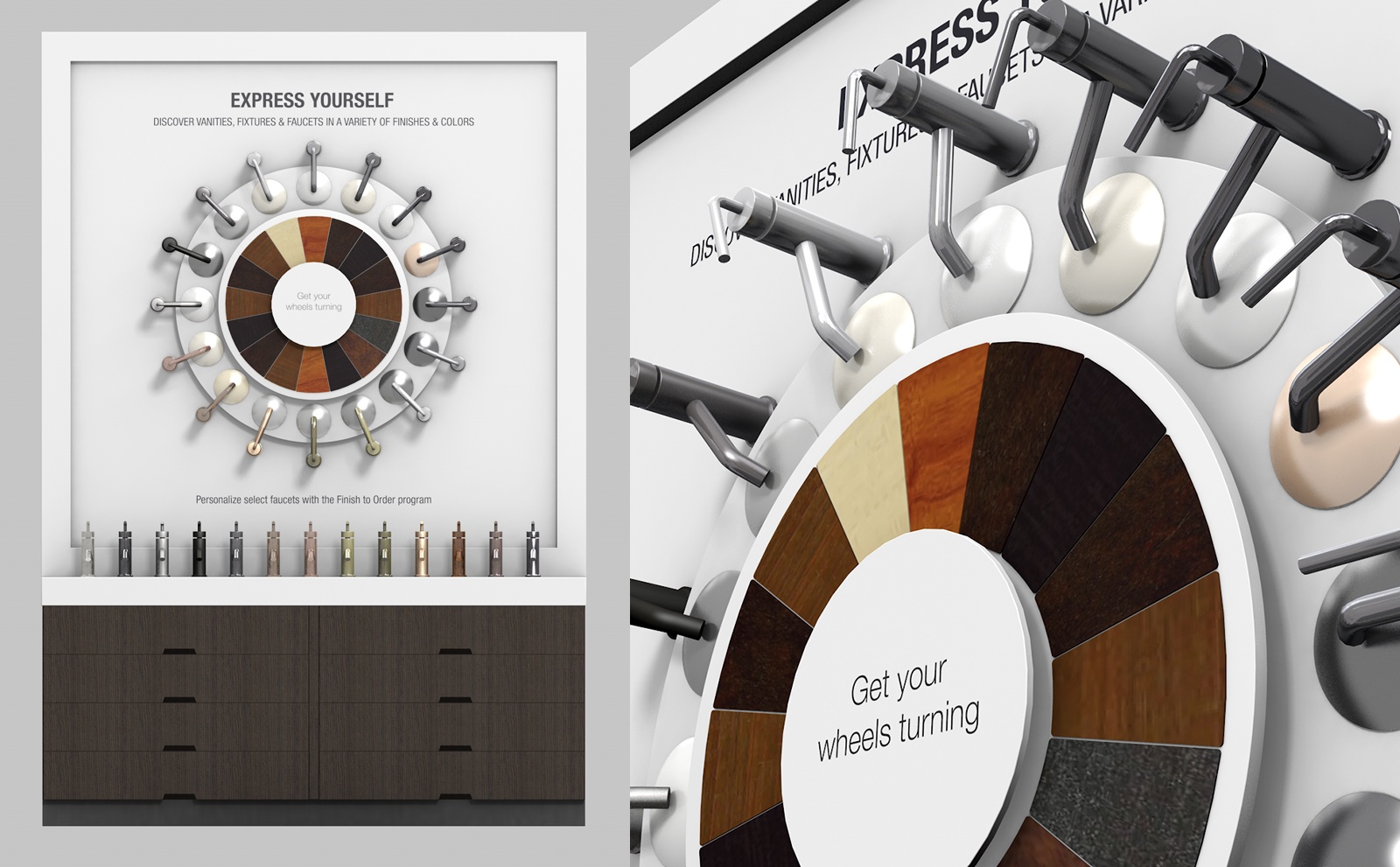 A split view showing both the full product and up-close view of Kohler's interactive finishes display, designed and built by The Bernard Group.