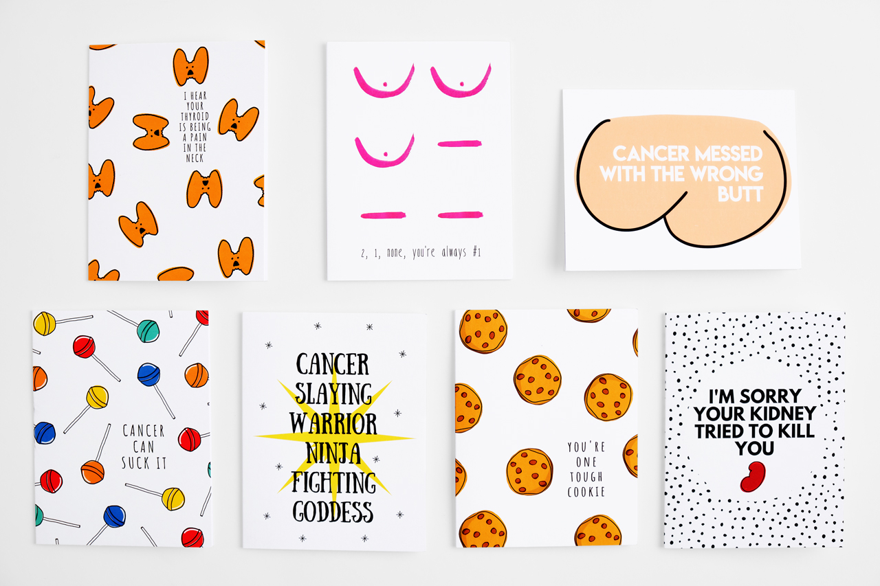 Seven custom greeting cards printed with cancer-related sayings.