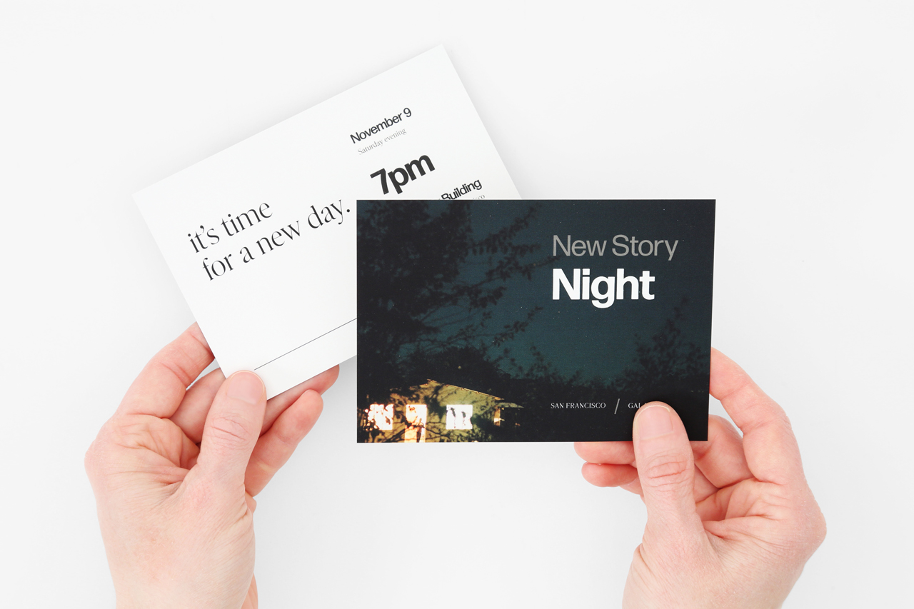 Two hands holding custom invite cards with "New Story Night" on the front.
