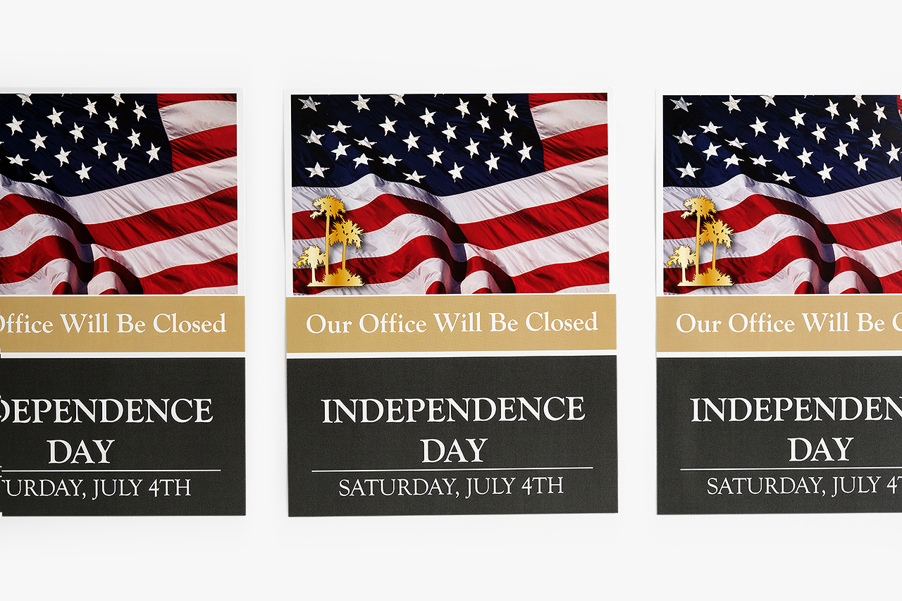Three custom sell sheets printed with a patriotic design and 