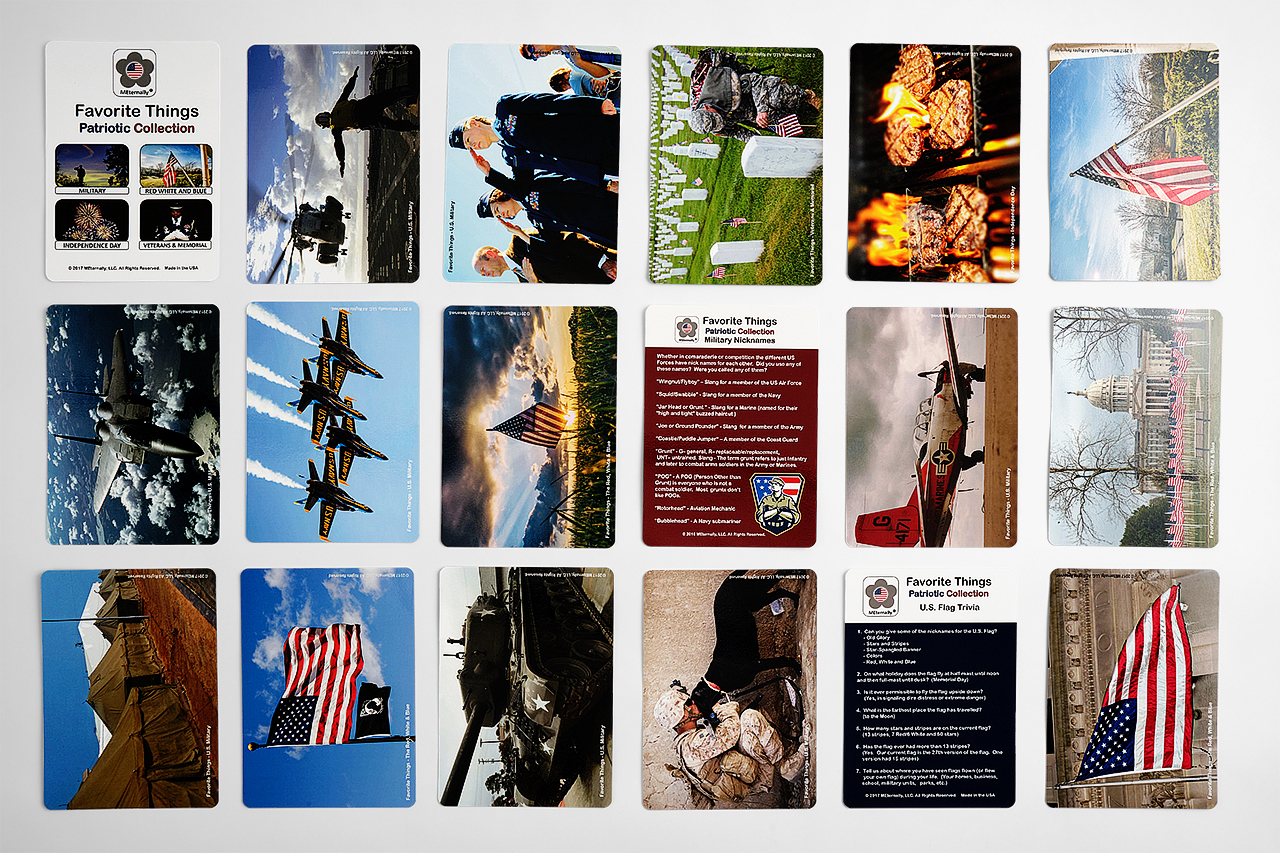 A patriotic deck of cards laid out in six rows with military-themed imagery.