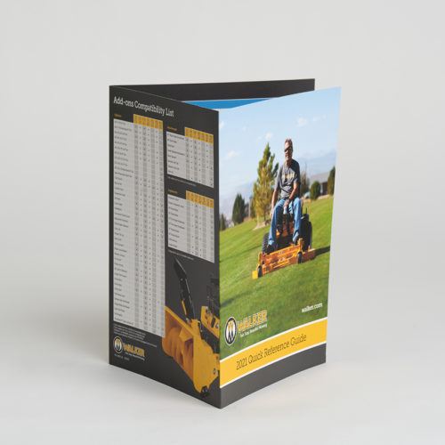 A tri-fold brochure printed with product and pricing details for Walker Mowers.