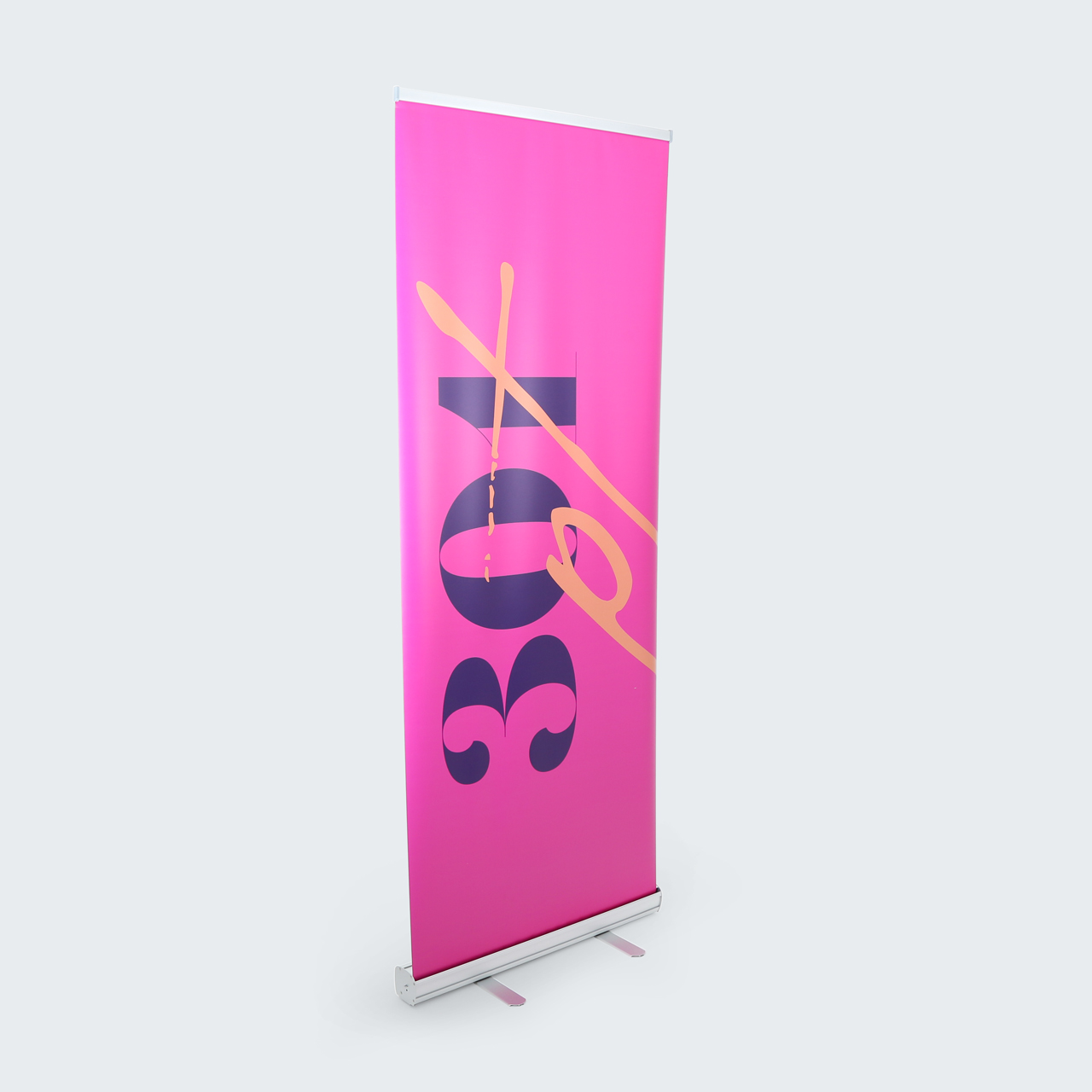 A pop-up banner printed with a hot pink background and 
