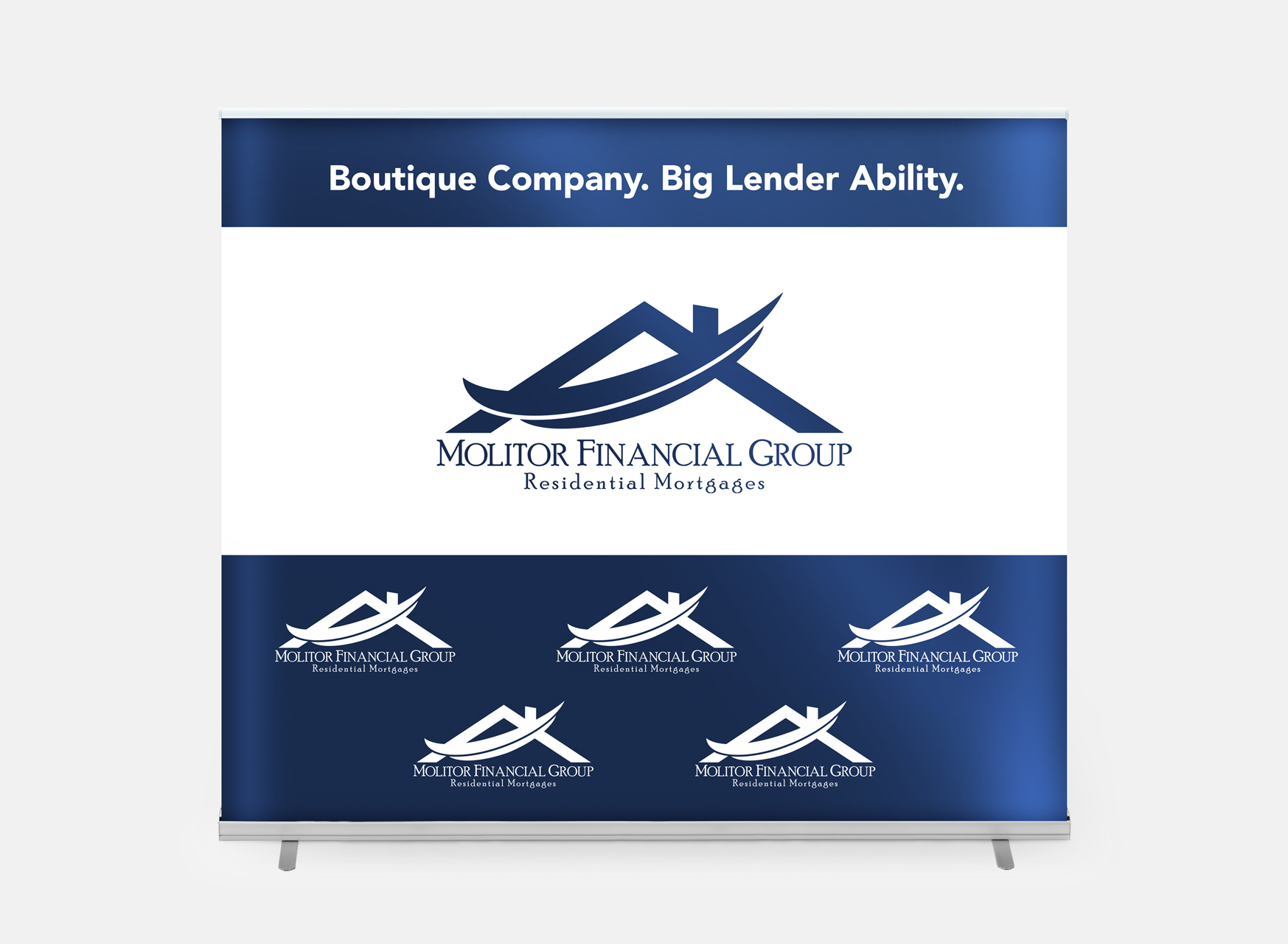 A custom retractable banner printed with a white and navy design and 
