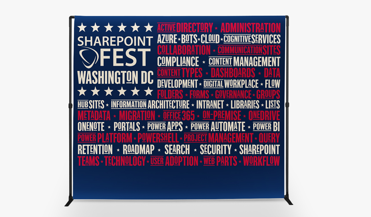 A step and repeat banner printed with a patriotic flag design and 