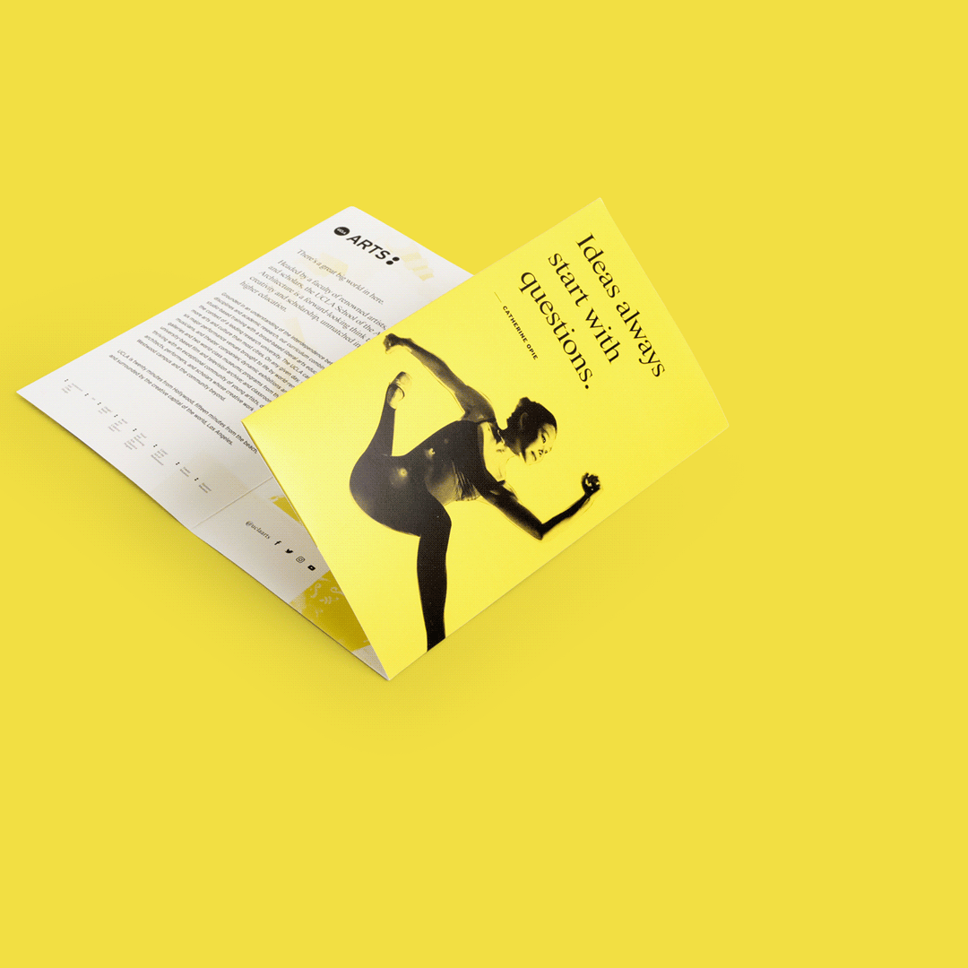 A tri-fold pocket mailer printed with a yellow and black design.