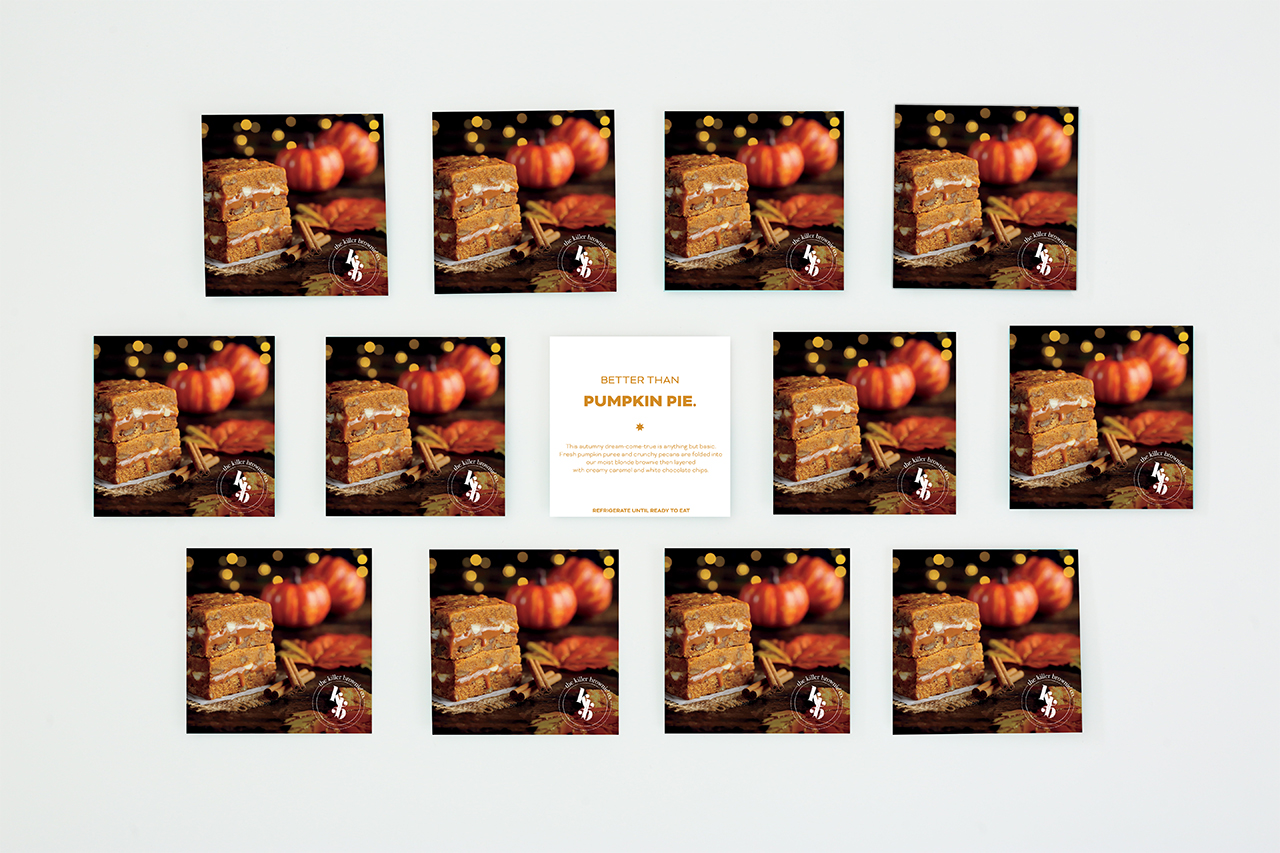 Custom insert cards printed with pumpkins, brownies and cinnamon sticks on the front.