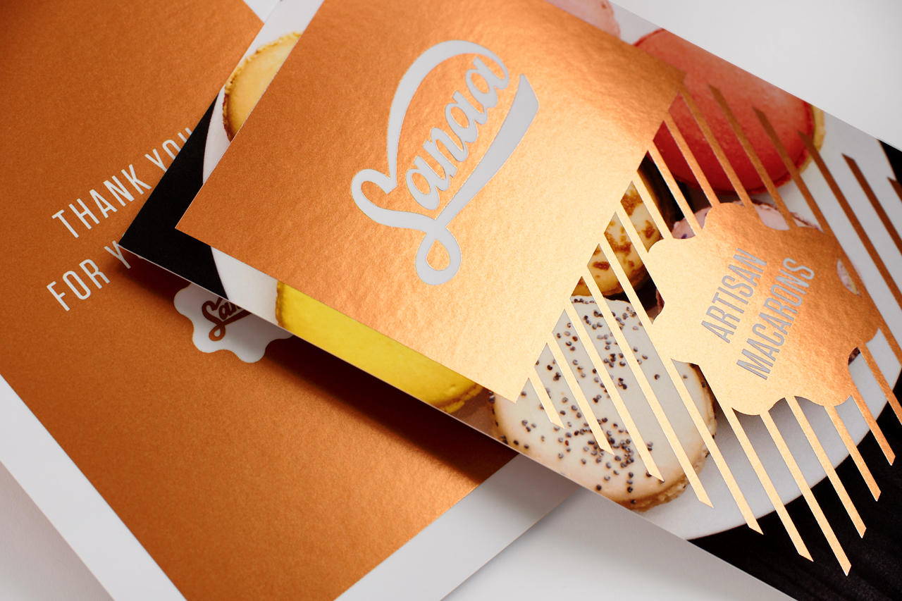 Custom postcards with rose gold foil printing and 