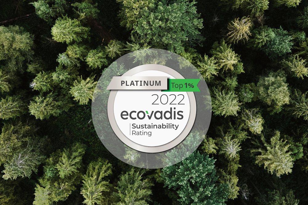 The logo for EcoVadis Platinum status for corporate sustainability with green trees behind it.