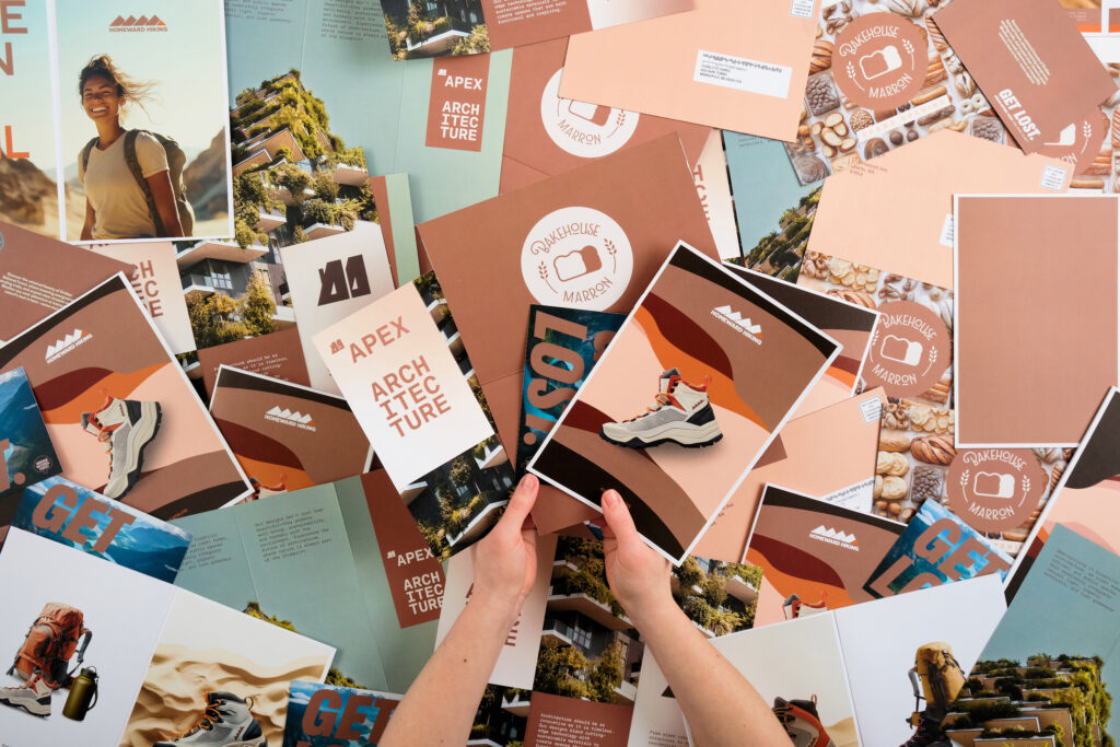 A flat lay of all the Mocha Mousse marketing and branding print materials.