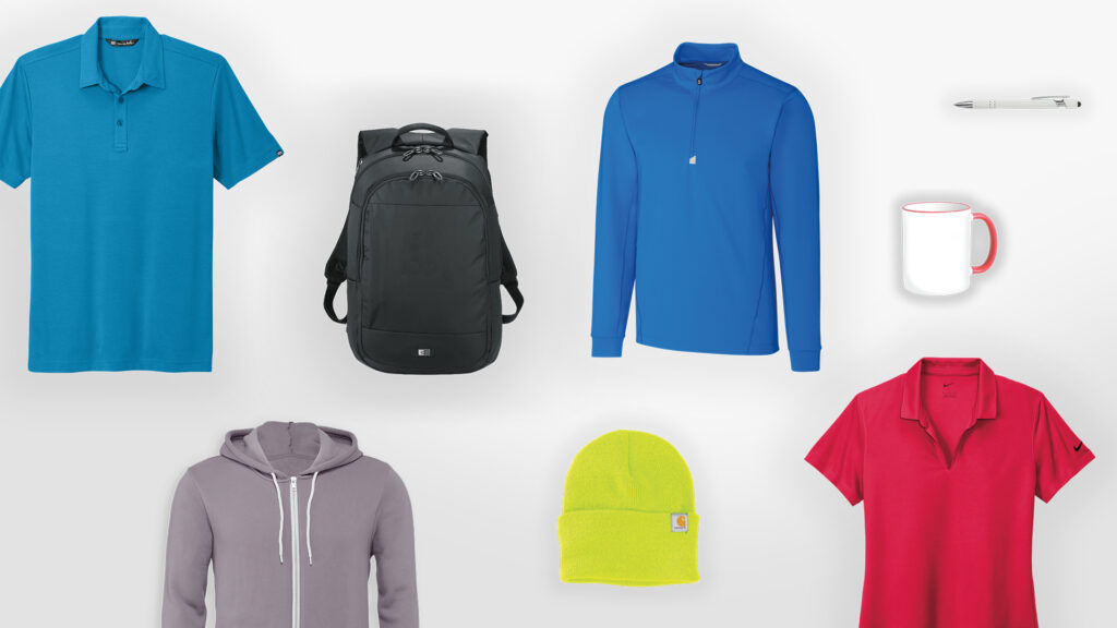 A polo, backpack, zip-up, coffee mug, pen, sweatshirt, hat, and woman's shirt on display representing company swag ideas.