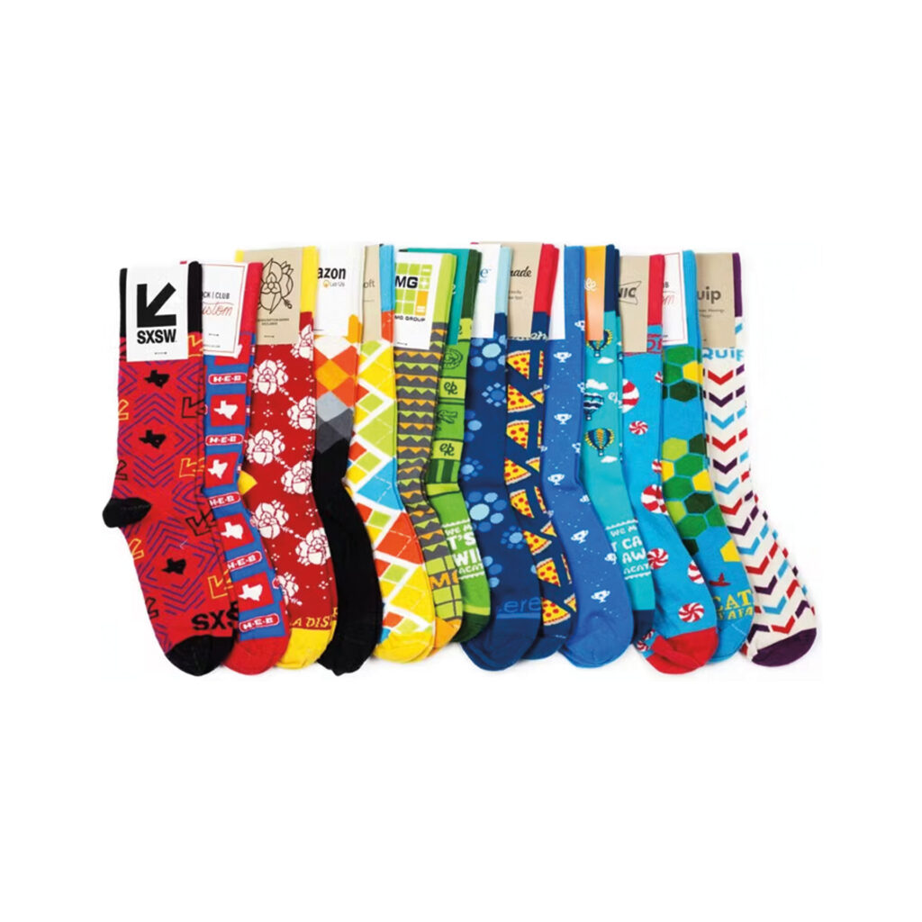 A colorful assortment of patterned socks.