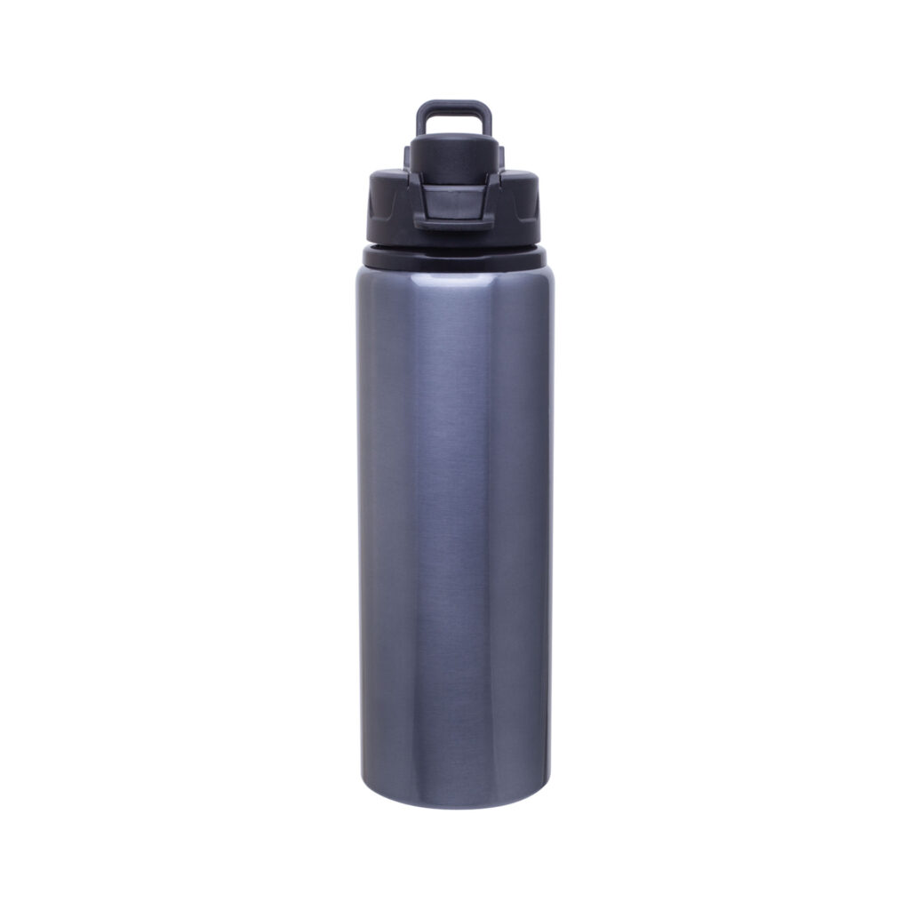 A gray insulated water bottle.