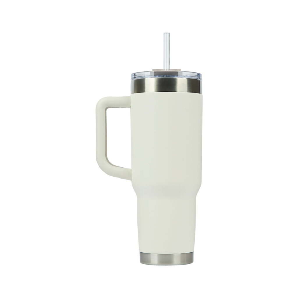 An off-white travel tumbler.