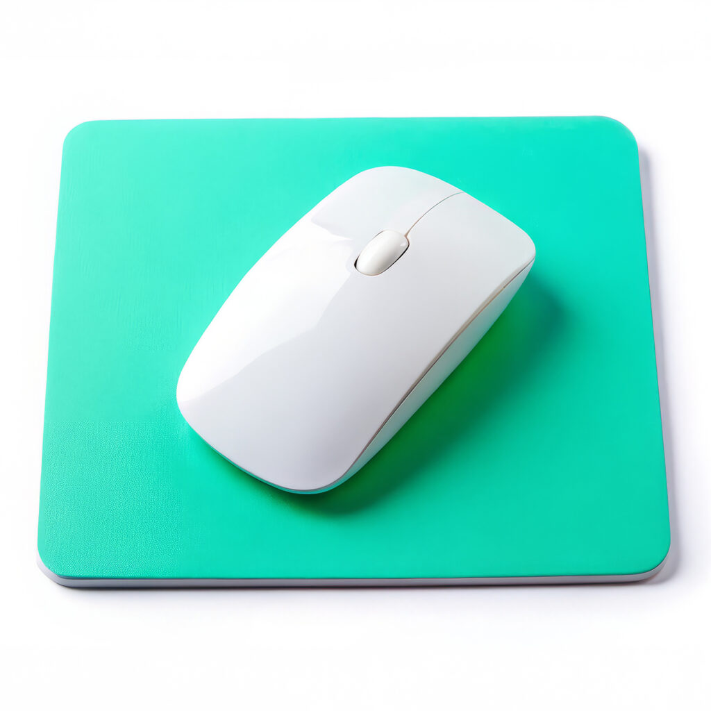 A luminescent green mouse pad with a computer mouse resting on top.