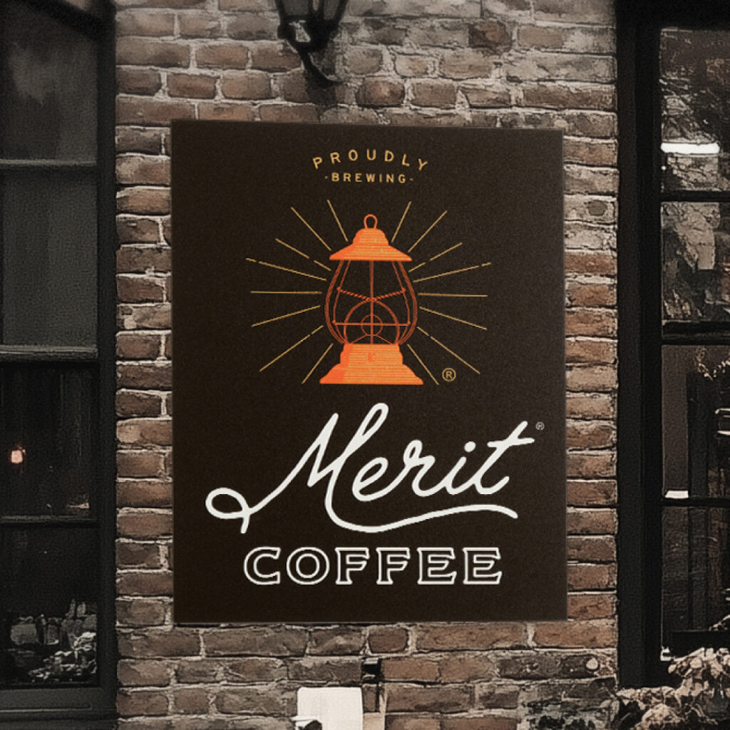 Aluminum sign for Merit Coffee for outdoor usage.