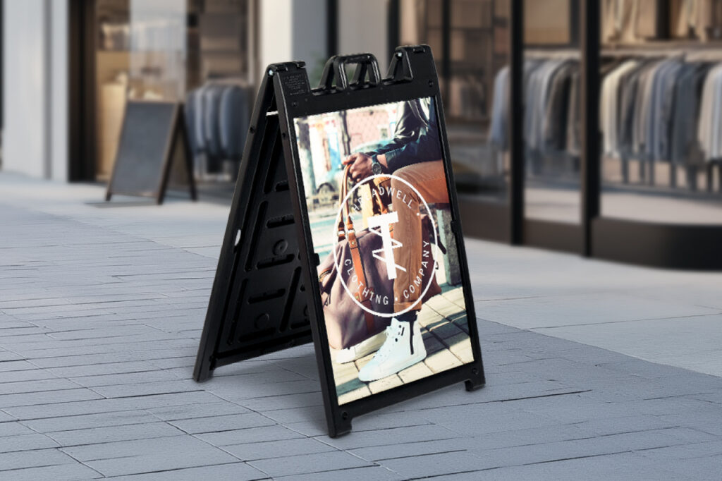 A-Frame sidewalk sign for Threadwell Clothing Company, featuring a man sitting with a khaki pant, white high-top shoes, and a high-end bag. The sign is placed outside the store building.