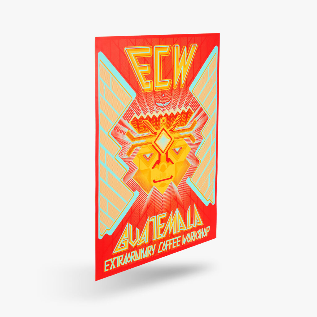 A poster for ECW, a Guatemala Extraordinary Coffee Workshop. The graphic features vibrant colors and geometric details.