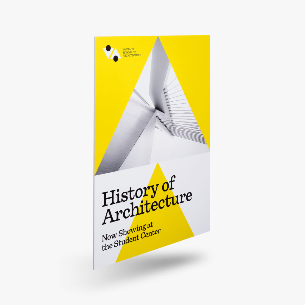 A business sign for the History of Architecture, showcasing the size and scale of the signage.