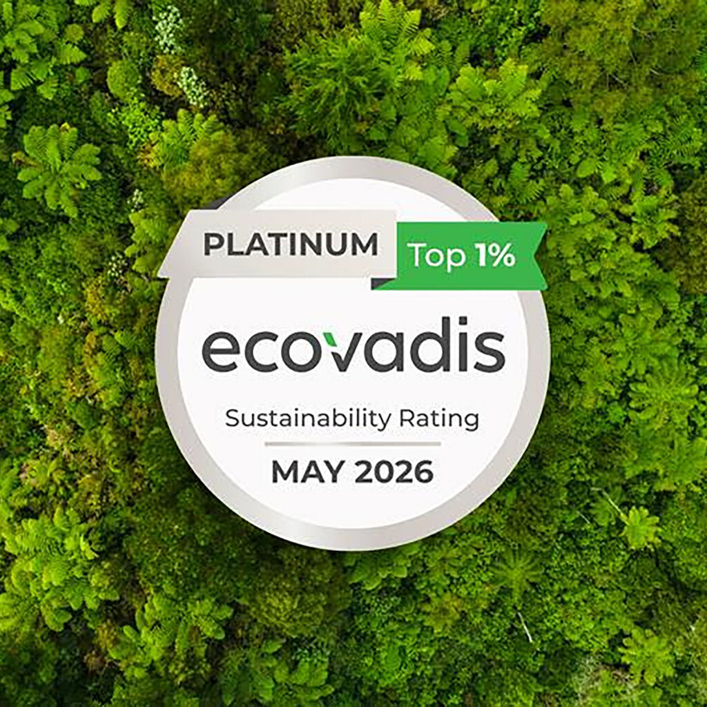 Official EcoVadis Platinum Sustainability Rating badge from May 2026, marked "Top 1%," set against an aerial background of a dense, vibrant green forest canopy.