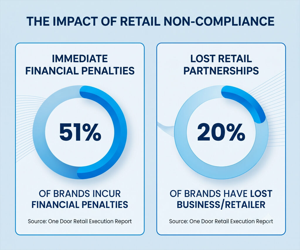 Infographic showing the impact of retail non-compliance: 51 percent of brands incur immediate financial penalties and 20 percent lose retail partnerships.