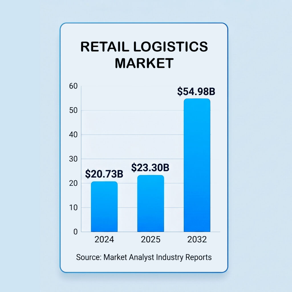 Bar chart showing the retail logistics market growing from 20.73 billion dollars in 2024 to 23.30 billion dollars in 2025, and reaching 54.98 billion dollars by 2032.