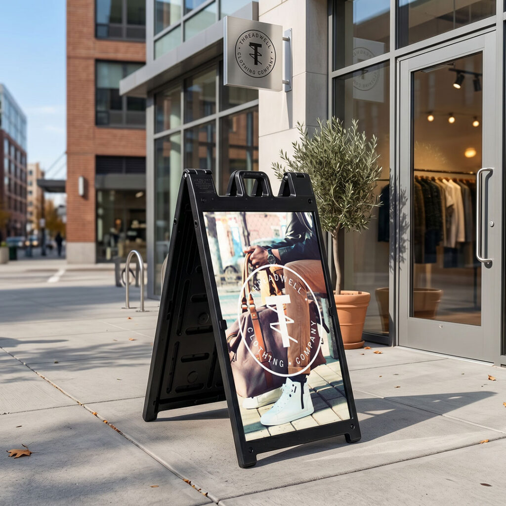 A sidewalk sign outside a retail store and printed with Threadwell Clothing Company.