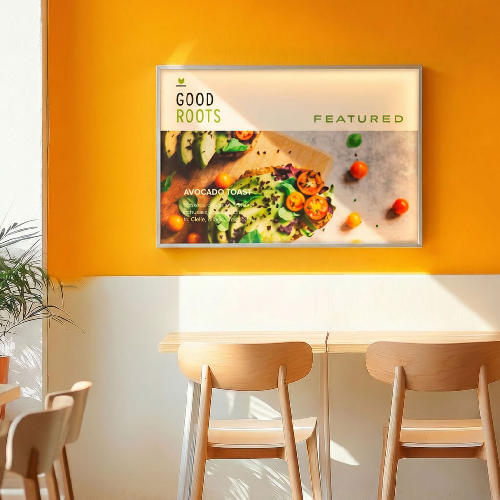 A backlit sign in a restaurant printed with Good Roots and an image of avocado toast.