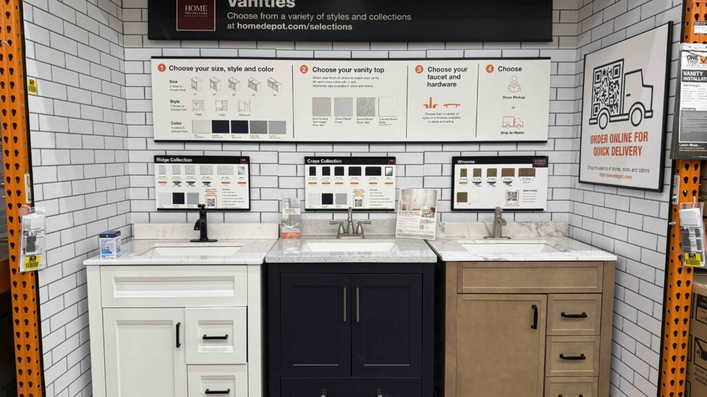 Compact Home Depot bathroom vanity showroom display outlining a simple 3-step ordering process with QR code integration.