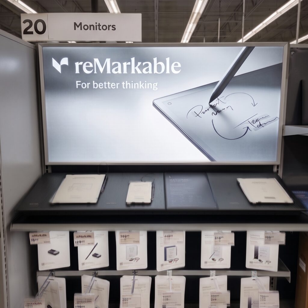 Front view of an installed reMarkable interactive endcap display featuring digital paper tablets and packaged accessories in a Staples retail store.