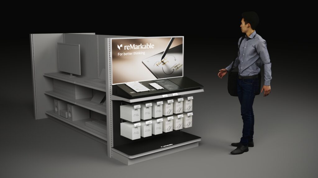 A 3D model rendering of a custom reMarkable retail display fixture designed by The Bernard Group for Staples stores.