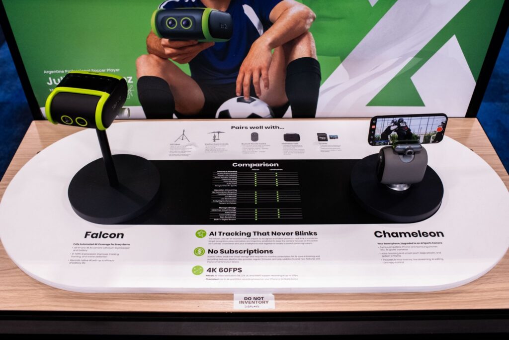 High-angle view of the custom XBotGo interactive display deck showing mounted device units in Best Buy.