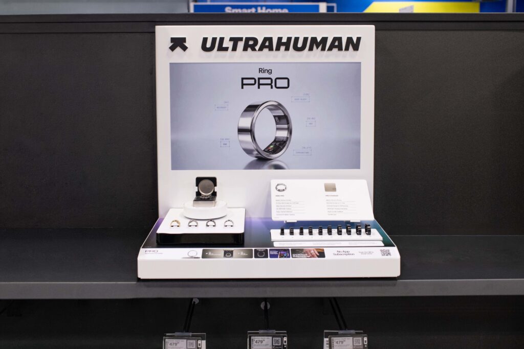 Front view of the fully assembled Ultrahuman custom retail display sitting on a store shelf ready for retail compliance execution.